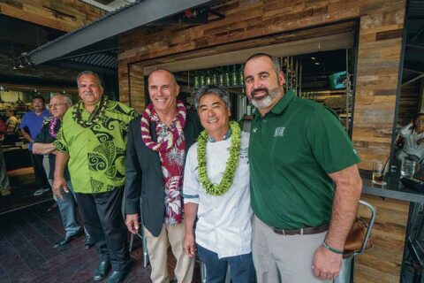 Kauai mayor Bernard Carvalho, left, Youth Impact Program founder Riki Ellison, Chef Roy Yamaguchi and Hawaii football coach Nick Rolovich