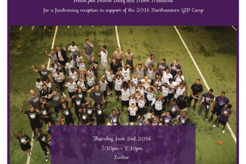 Northwestern youth impact program banner with group of people looking upward standing on the ground