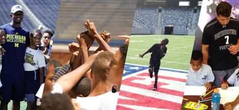 collage of 4 images of boys hugging to coach, raising hands, catching ball,and teacher teaching 2 students