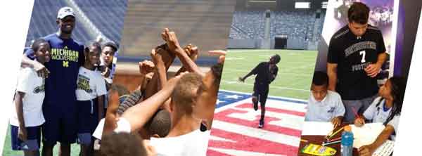 collage of 4 images of boys hugging to coach, raising hands, catching ball,and teacher teaching 2 students