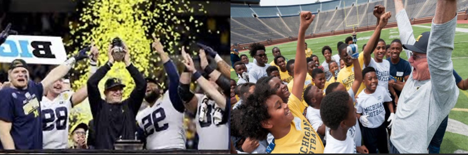 coach harbaugh celebrating with team