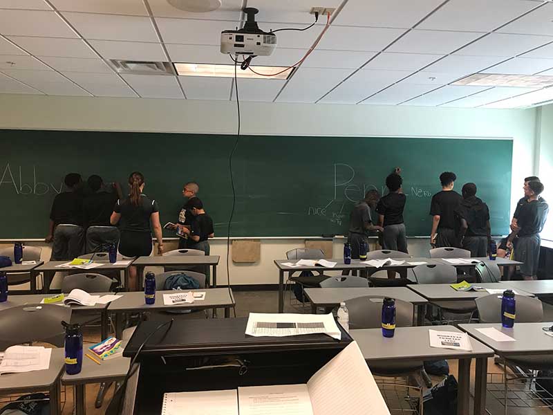 Students in the class room with big black board